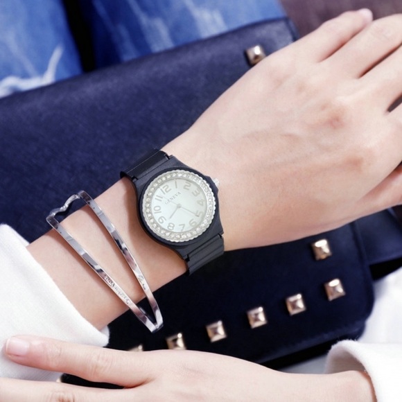 GENEVA • Silicone Rhinestone Crystal Watch Black Band New Battery Ready To Wear - Picture 3 of 4